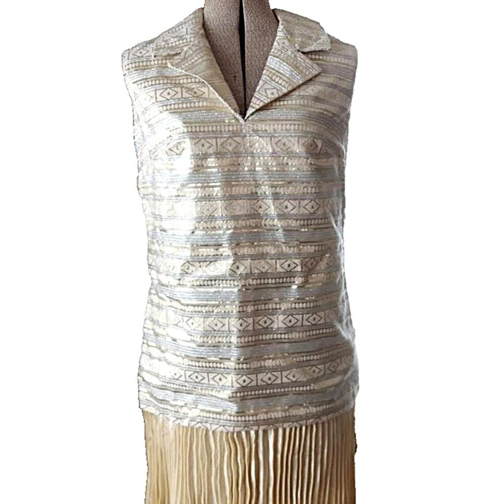Vintage 60s 70s Dress Metallic Gold Silver 1920s Flapper Style Dropped Waist